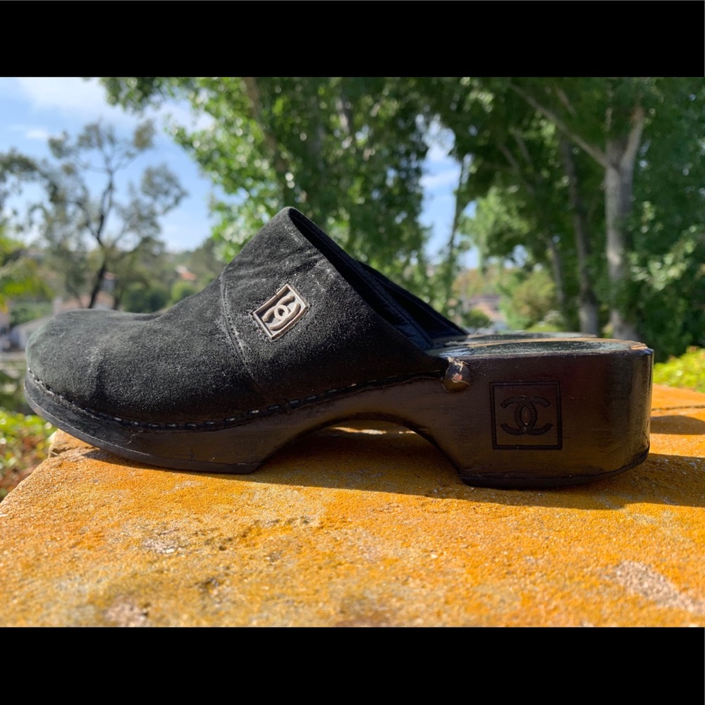 Chanel black suede wood platform mules clogs